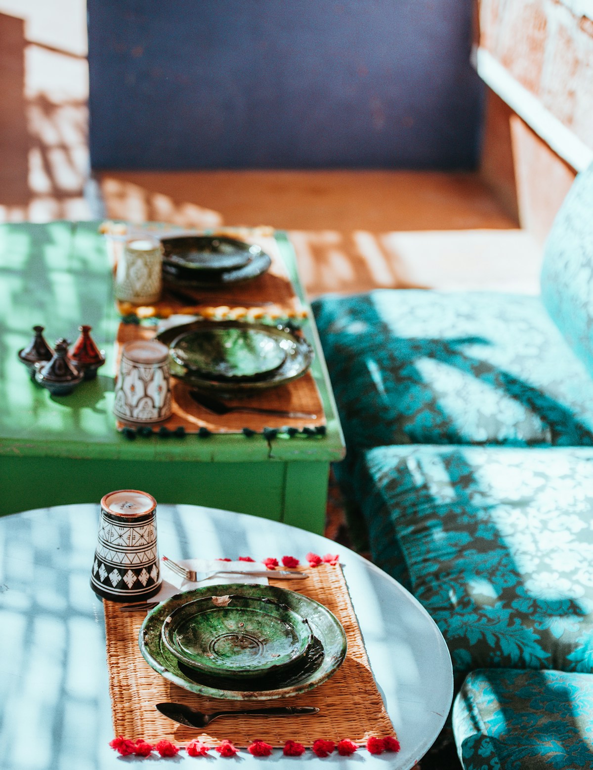 Moroccan ceramic dishes at a Tamraght restaurant